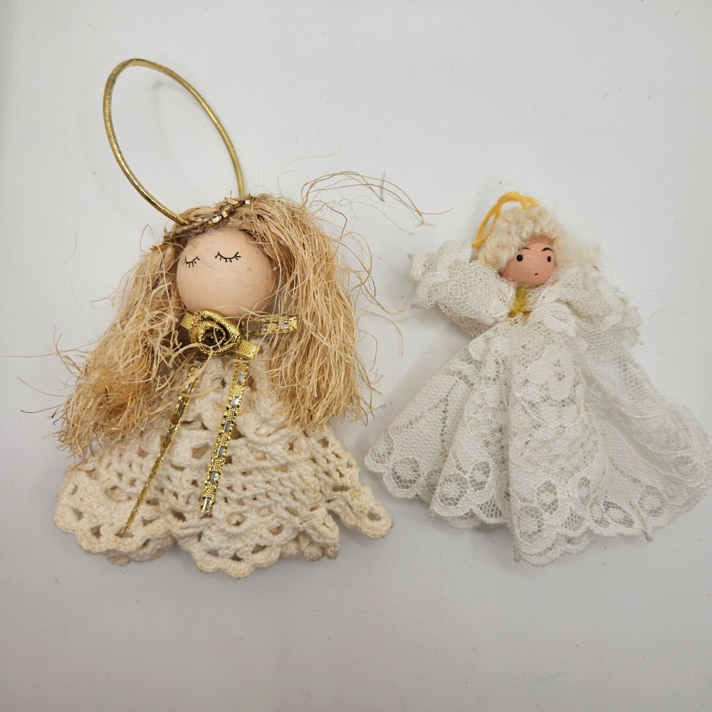Vintage‎ Handmade Angel Christmas Ornaments Lot of 2 Crochet Lace Wood Head